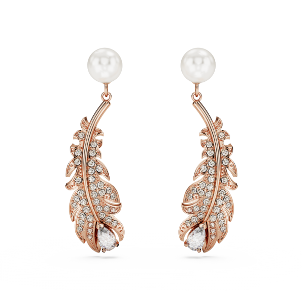 Brincos Swarovski Compridos Nice Combinação de Lapidações Pena Branco Lacado a Rosa Dourado