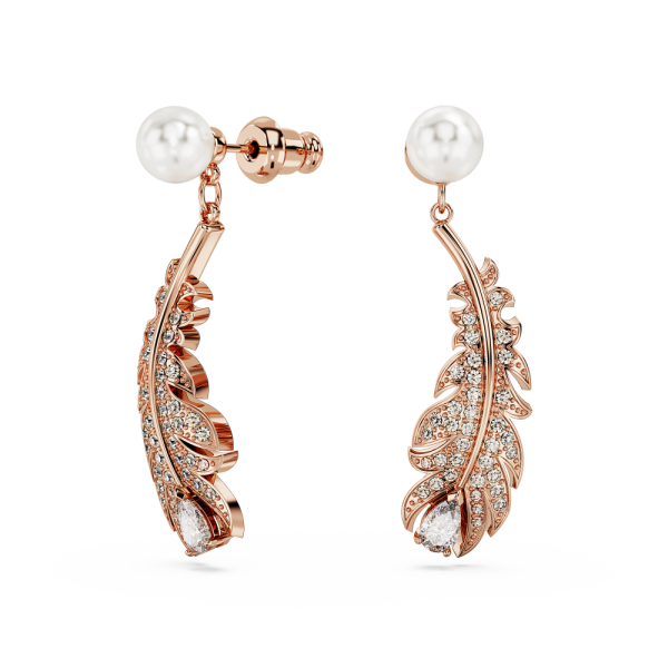 Brincos Swarovski Compridos Nice Combinação de Lapidações Pena Branco Lacado a Rosa Dourado