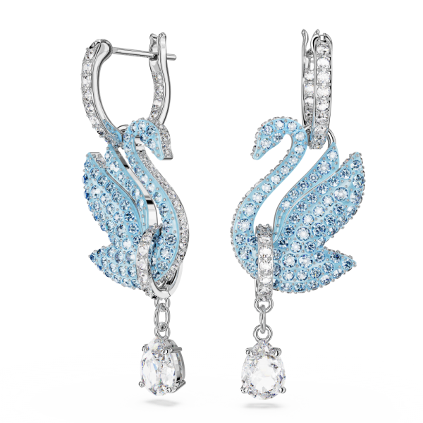 Brincos Swarovski Compridos Iconic Swan Cisne Azuis Lacado a Ródio