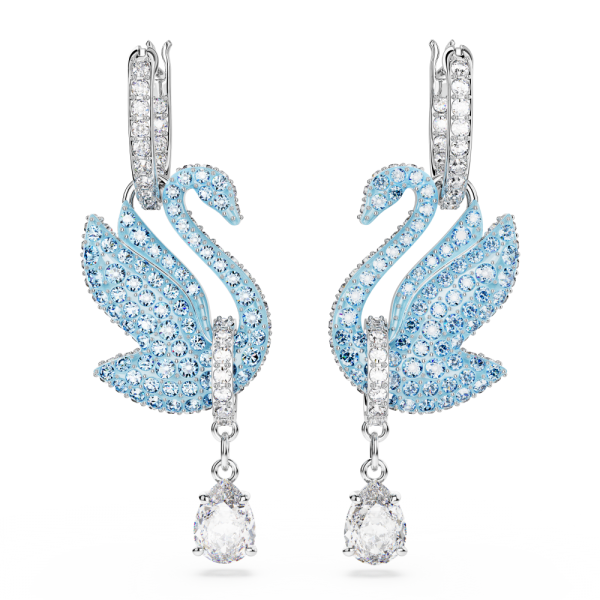 Brincos Swarovski Compridos Iconic Swan Cisne Azuis Lacado a Ródio