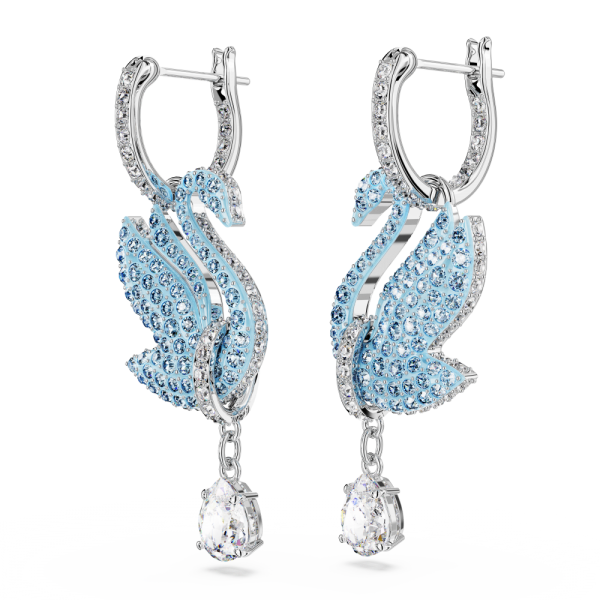 Brincos Swarovski Compridos Iconic Swan Cisne Azuis Lacado a Ródio