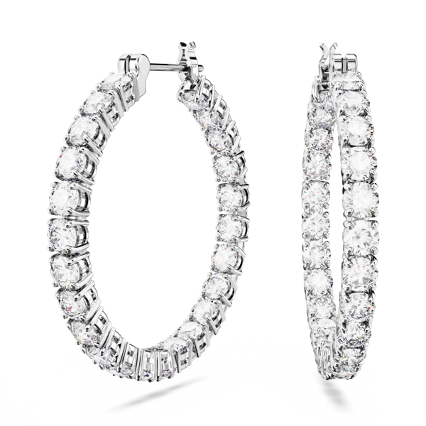 Brincos Swarovski Argola Matrix Lapidação Redonda Brancos Lacado a Ródio