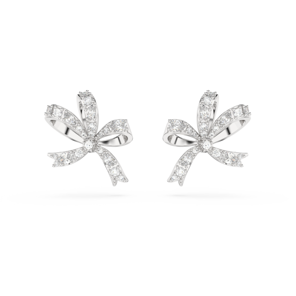Brincos Swarovski Stud Volta Laço Pequenos Branco Lacado a Ródio