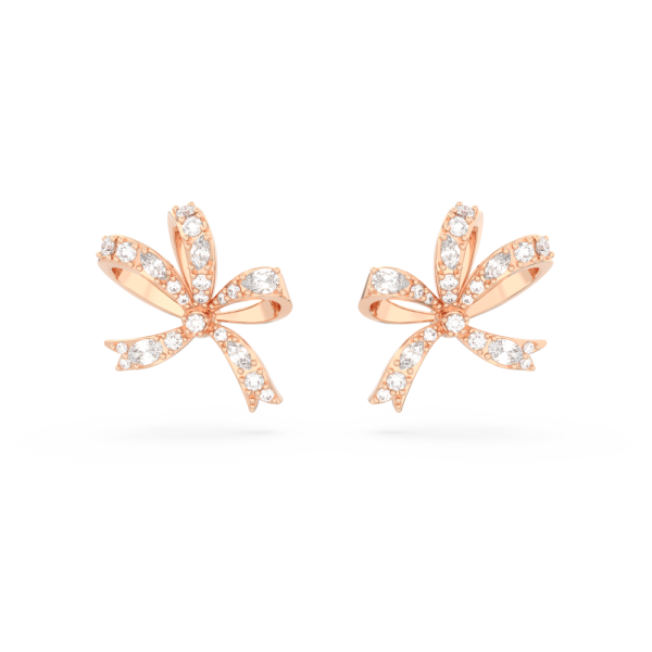 Brincos Swarovski Stud Volta Laço Pequenos Branco Lacado a Rosa Dourado
