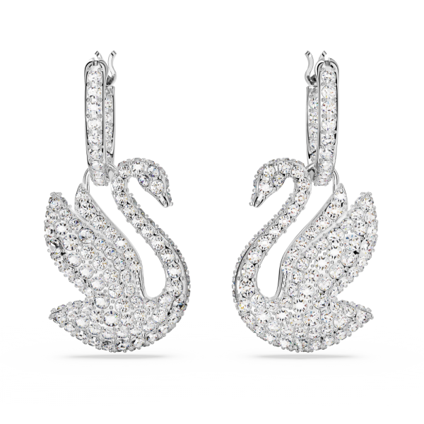 Brincos Swarovski Compridos Iconic Swan Cisne Branco Lacado a Ródio