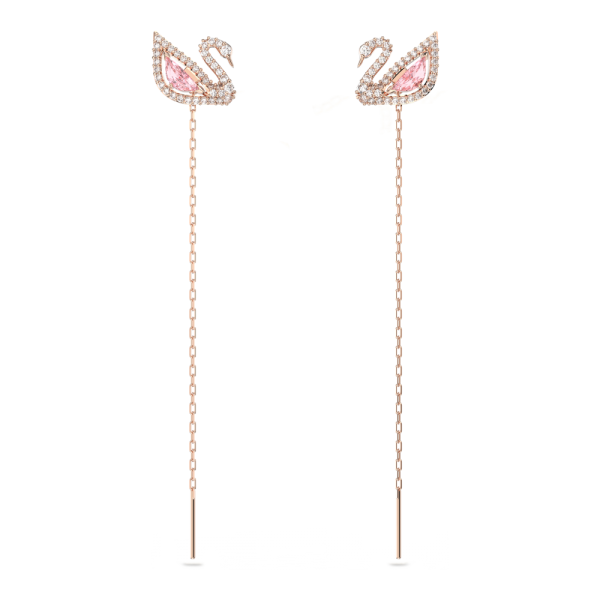 Brincos Swarovski Compridos Dazzling Swan Cisne Rosa Lacado a Rosa Dourado