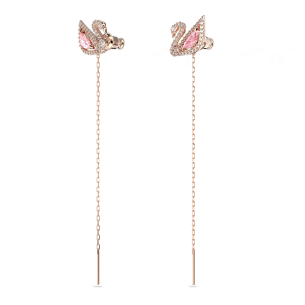 Brincos Swarovski Compridos Dazzling Swan Cisne Rosa Lacado a Rosa Dourado