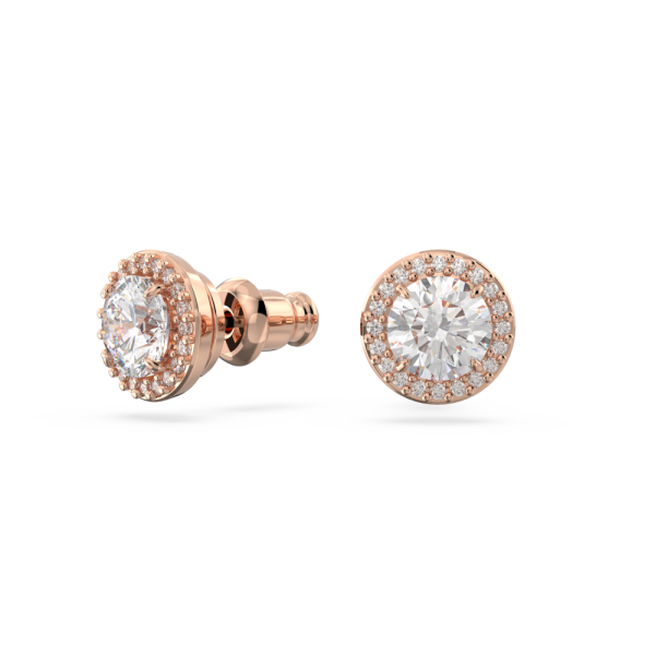 Brincos Swarovski Stud Constella Lapidação Redonda Pavé Branco Lacado a Rosa Dourado