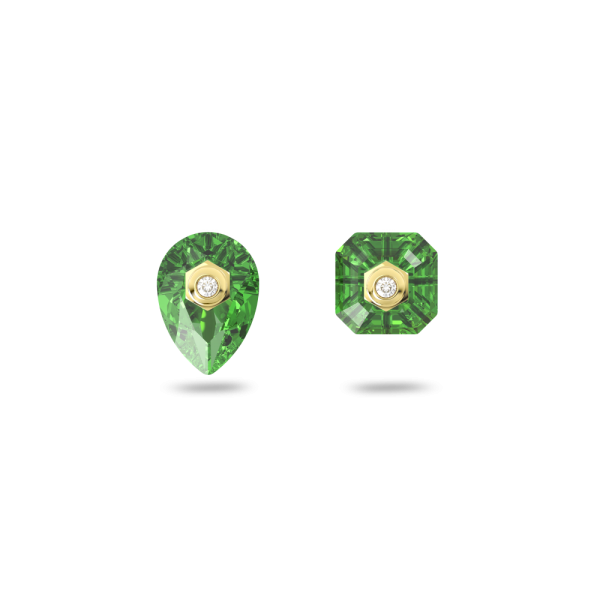 Brincos Swarovski Stud Numina Design Assimétrico Combinação de Lapidações Verde Lacado a Dourado