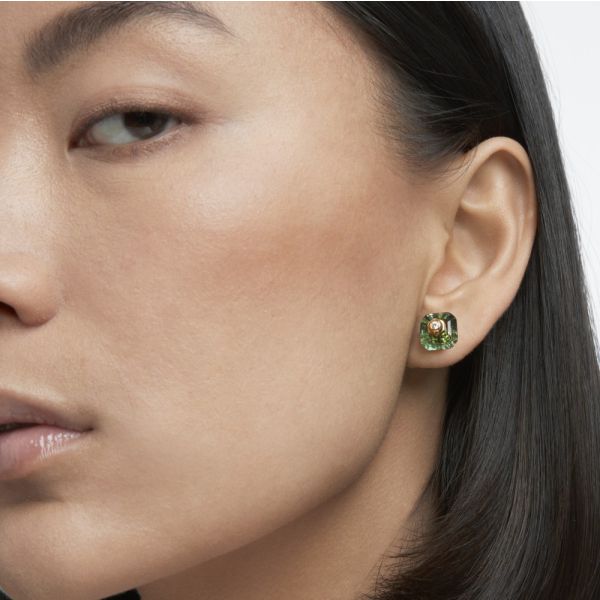 Brincos Swarovski Stud Numina Design Assimétrico Combinação de Lapidações Verde Lacado a Dourado