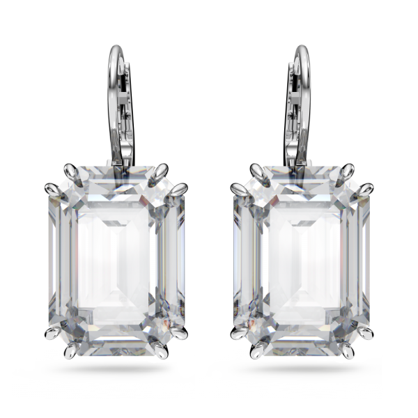 Brincos Swarovski Compridos Millenia Lapidação Octogonal Branco Lacado a Ródio