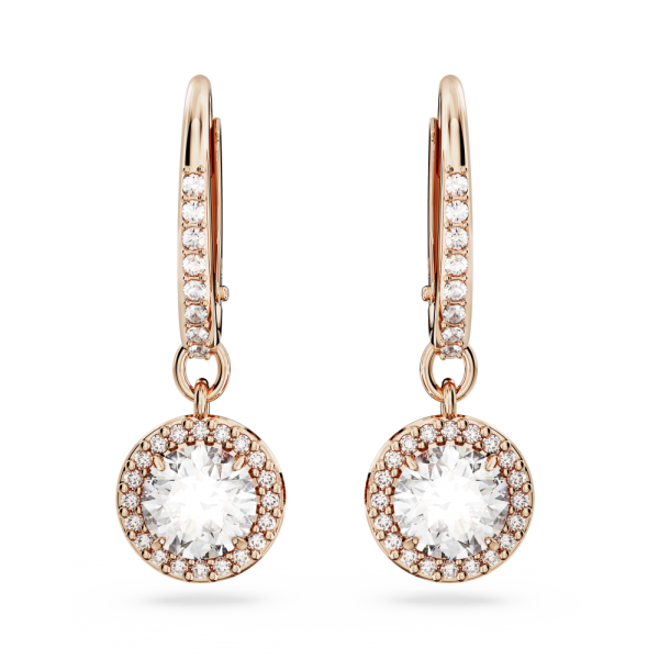 Brincos Swarovski Compridos Constella Lapidação Redonda Pavé Branco Lacado a Rosa Dourado