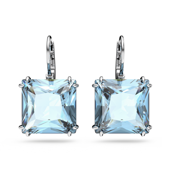 Brincos Swarovski Compridos Millenia Lapidação Quadrada Azuis Lacado a Ródio