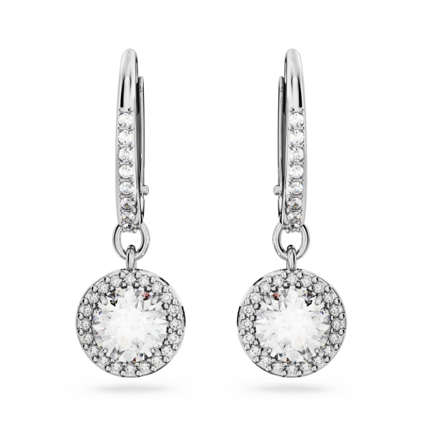 Brincos Swarovski Compridos Constella Lapidação Redonda Pavé Branco Lacado a Ródio