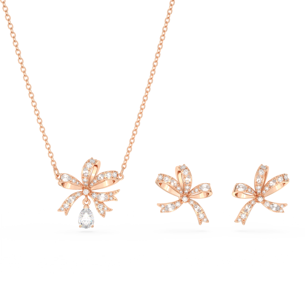 Conjunto Swarovski Volta Laço Branco Lacado a Rosa Dourado