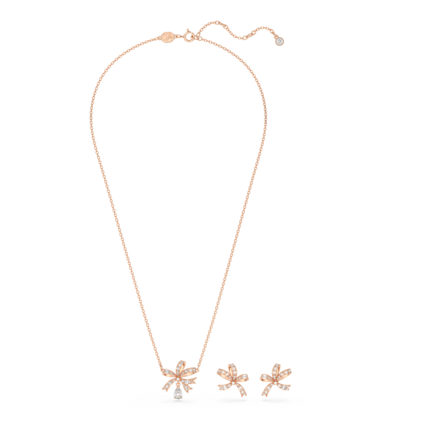 Conjunto Swarovski Volta Laço Branco Lacado a Rosa Dourado