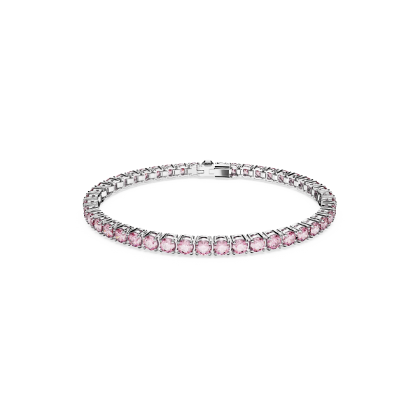 Pulseira Swarovski Matrix Tennis Lapidação Redonda Pequena Rosa Lacado a Ródio
