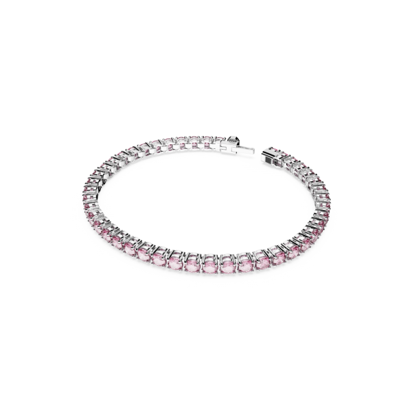 Pulseira Swarovski Matrix Tennis Lapidação Redonda Pequena Rosa Lacado a Ródio