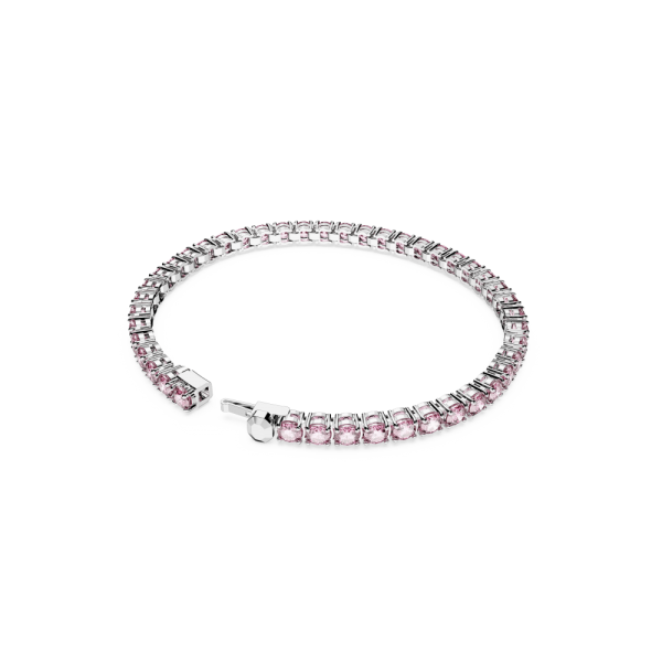 Pulseira Swarovski Matrix Tennis Lapidação Redonda Pequena Rosa Lacado a Ródio