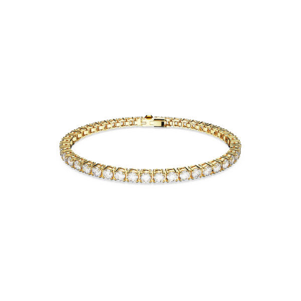 Pulseira Swarovski Matrix Tennis Lapidação Redonda Pequena Branca Lacado a Dourado