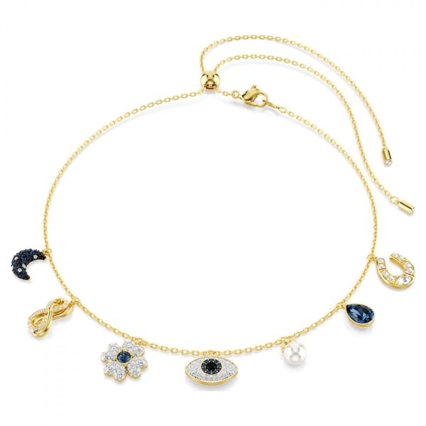 Gargantilha Swarovski Symbolica Lua infinito trevo de quatro folhas olho grego e ferradura Azul Lacado a dourado