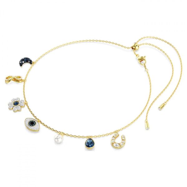 Gargantilha Swarovski Symbolica Lua infinito trevo de quatro folhas olho grego e ferradura Azul Lacado a dourado