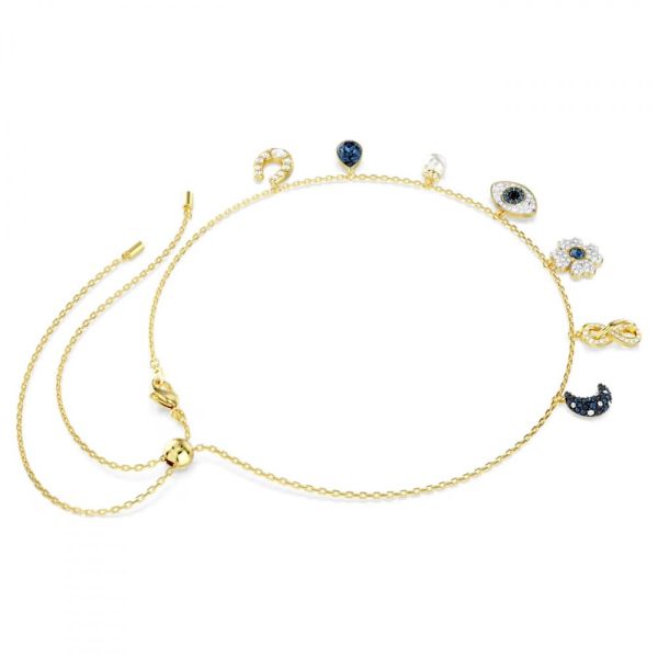 Gargantilha Swarovski Symbolica Lua infinito trevo de quatro folhas olho grego e ferradura Azul Lacado a dourado