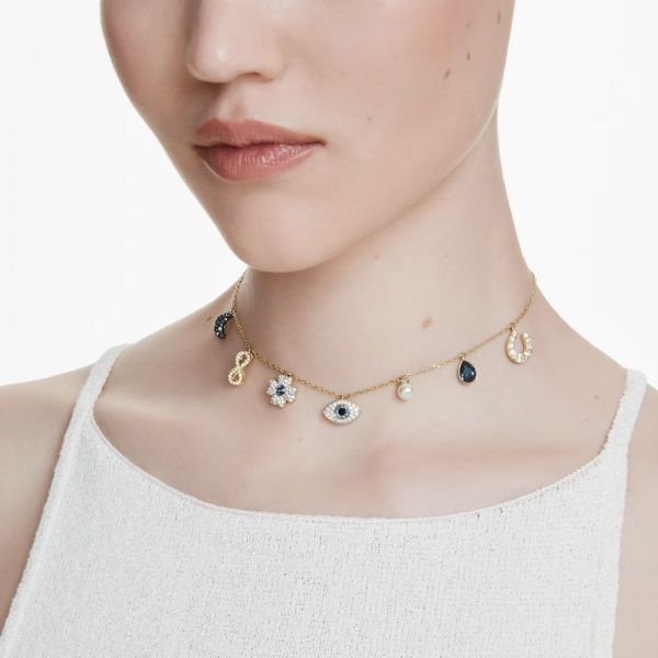 Gargantilha Swarovski Symbolica Lua infinito trevo de quatro folhas olho grego e ferradura Azul Lacado a dourado