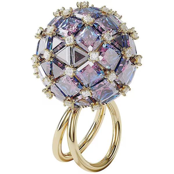 Anel Swarovski cocktail Curiosa Círculo azul banhado a Dourado