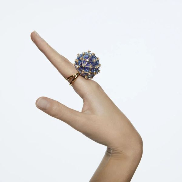 Anel Swarovski cocktail Curiosa Círculo azul banhado a Dourado