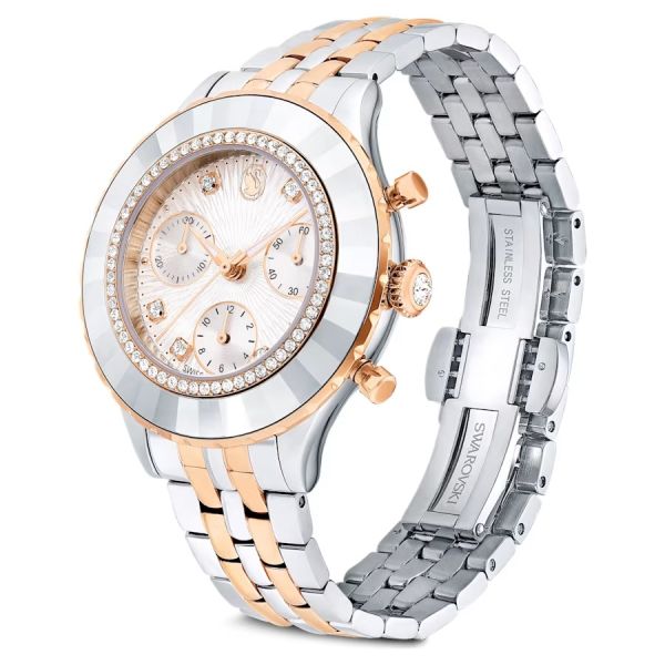 Relógio Swarovski Octea Chrono Fabrico suíço Pulseira de metal Tom Dourado rosa Acabamento de combinação de metais