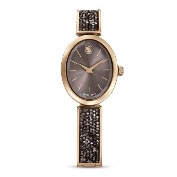 Relógio Swarovski Crystal Rock Oval Fabrico suíço Pulseira de metal Cinzento Acabamento em rosa dourado