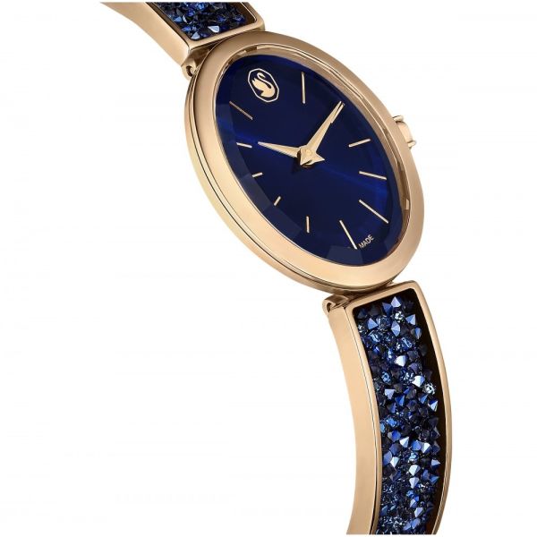 Relógio Swarovski Crystal Rock Oval Fabrico suíço Pulseira de metal Azul Acabamento em rosa dourado