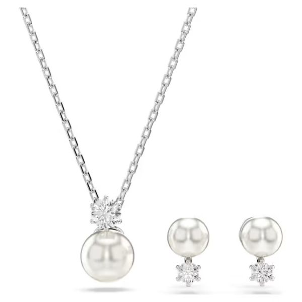 Conjunto Swarovski Matrix Crystal Pearl Lapidação redonda Branco Lacado a ródio