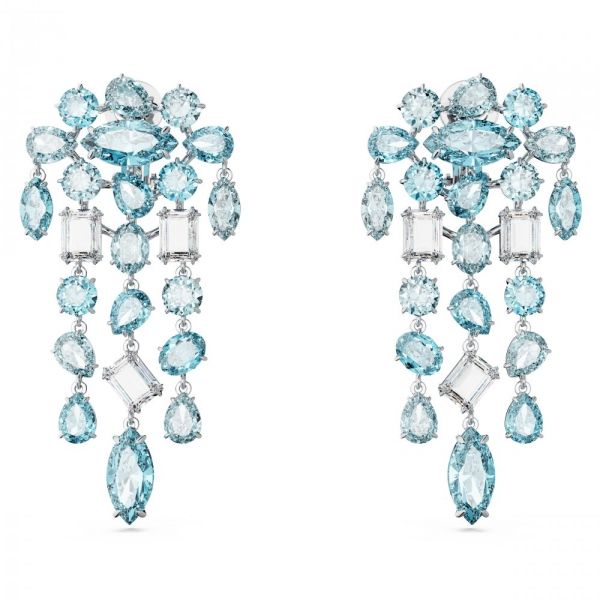 Brincos Swarovski Gema clip Cortes mistos Chandelier Extra longos Azul Revestido a Ródio