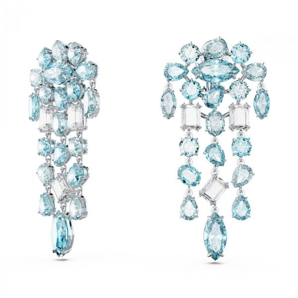 Brincos Swarovski Gema clip Cortes mistos Chandelier Extra longos Azul Revestido a Ródio