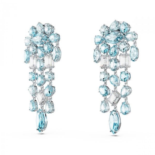 Brincos Swarovski Gema clip Cortes mistos Chandelier Extra longos Azul Revestido a Ródio