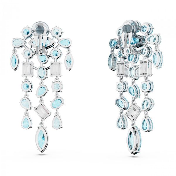 Brincos Swarovski Gema clip Cortes mistos Chandelier Extra longos Azul Revestido a Ródio