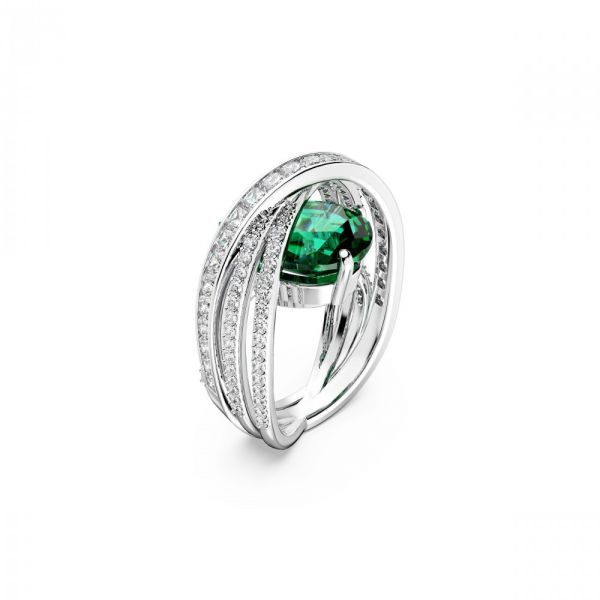 Anel Swarovski Hyperbola cocktail Zircónia neutra em carbono Cortes mistos Quatro bandas Verde Revestido a Ródio 52