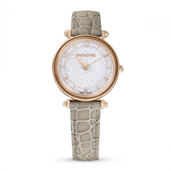 Relógio Swarovski Crystalline Wonder Fabricado na Suiça Correia de Tecido Bege Acabamento em tom de Dourado rosa