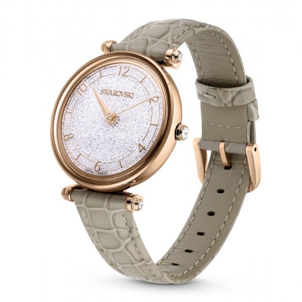Relógio Swarovski Crystalline Wonder Fabricado na Suiça Correia de Tecido Bege Acabamento em tom de Dourado rosa