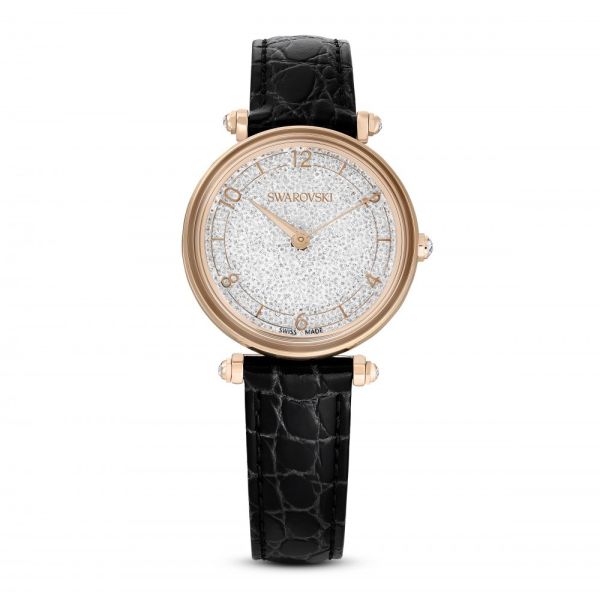 Relógio Swarovski Crystalline Wonder Fabricado na Suiça Correia de Tecido Preto Acabamento em tom de Dourado rosa