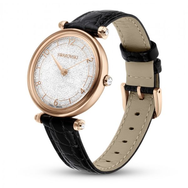 Relógio Swarovski Crystalline Wonder Fabricado na Suiça Correia de Tecido Preto Acabamento em tom de Dourado rosa