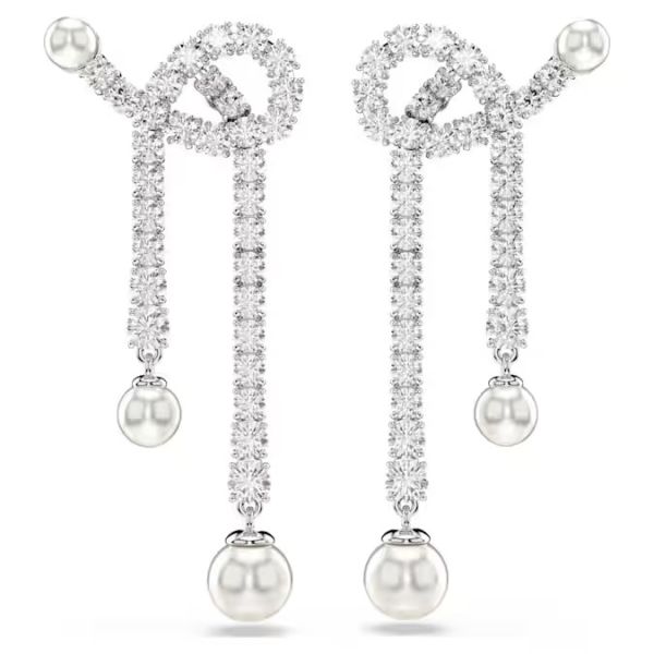 Brincos Swarovski compridos Matrix Crystal Pearl Lapidação redonda Branco Lacado a ródio