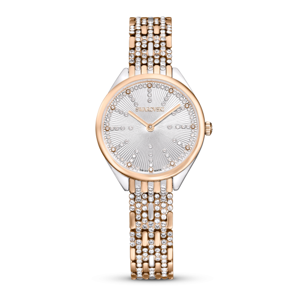 Relógio Swarovski Attract Fabrico Suiço Pavé Pulseira de Metal Tom Dourado Rosa Acabamento de Combinação de Metais 5649987