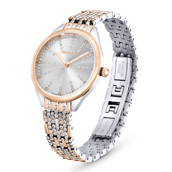 Relógio Swarovski Attract Fabrico Suiço Pavé Pulseira de Metal Tom Dourado Rosa Acabamento de Combinação de Metais 5649987