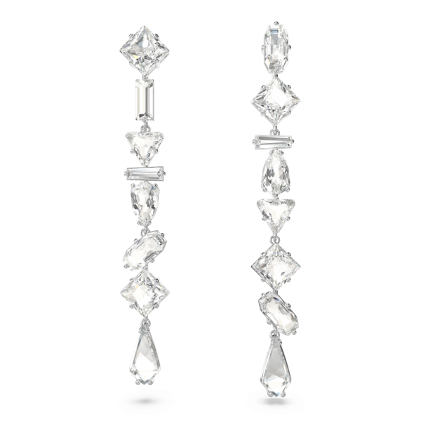 Brincos Swarovski Compridos Mesmera Design Assimétrico Combinação de Lapidações Grande Branco Lacado a Ródio
