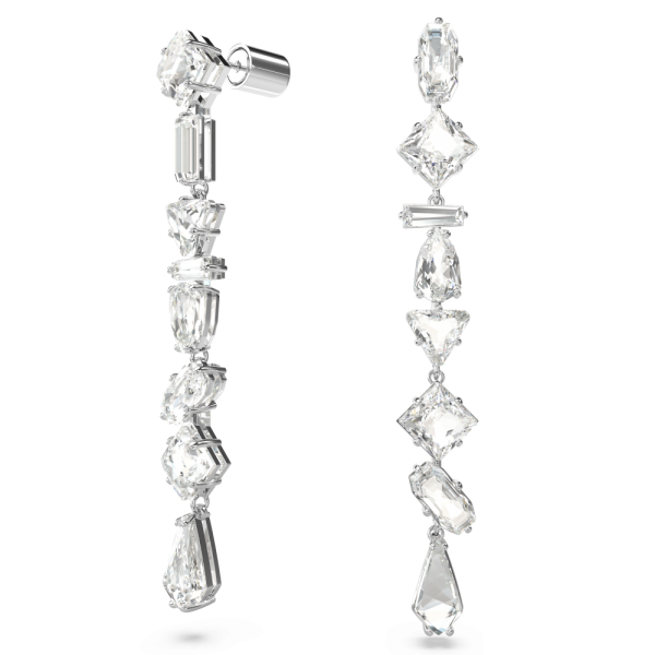 Brincos Swarovski Compridos Mesmera Design Assimétrico Combinação de Lapidações Grande Branco Lacado a Ródio