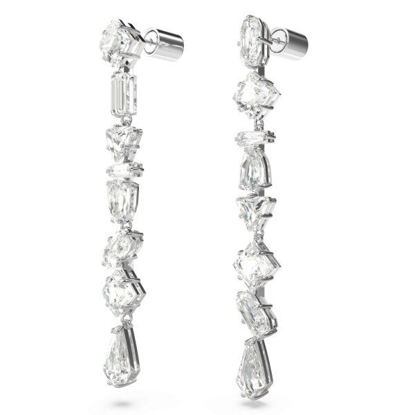 Brincos Swarovski Compridos Mesmera Design Assimétrico Combinação de Lapidações Grande Branco Lacado a Ródio