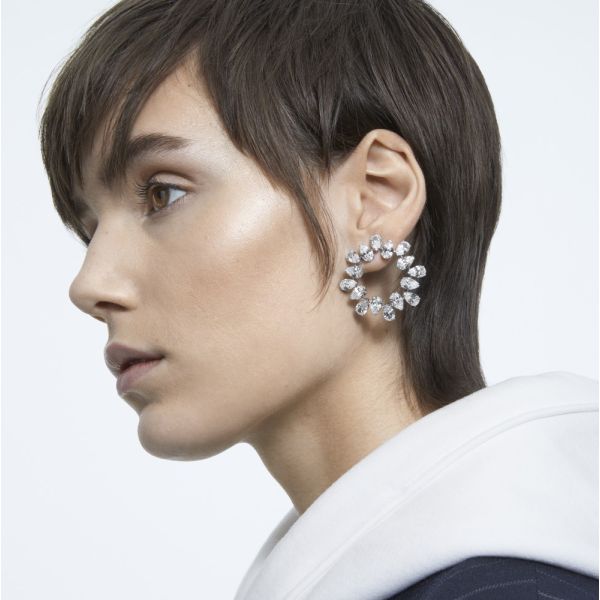 Brincos Swarovski Argola Millenia Lapidação Pera Brancos Lacado a Ródio